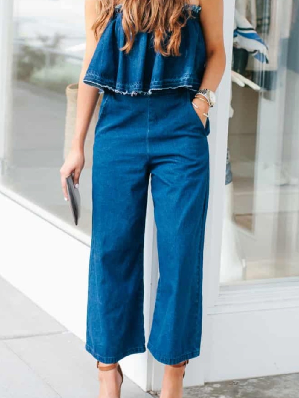 Anthropologie Hei Hei Dark Blue Denim Strapless Jumpsuit Size Small